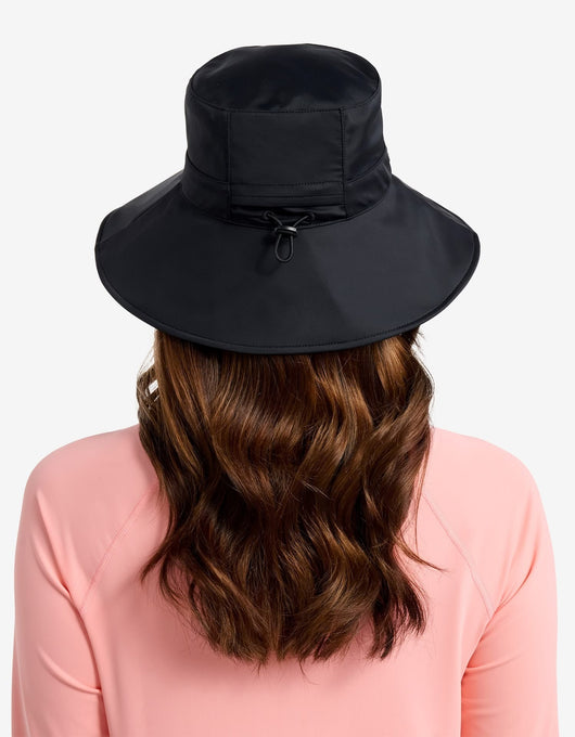 Easelyn UPF 50+ Wide-Brim Sun Hat in Black, back view showing the adjustable back toggle