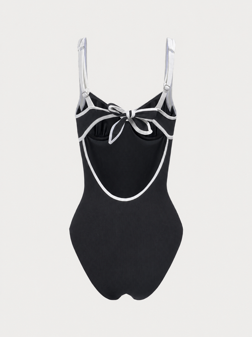 Easelyn Contrast-Trim Knotted Cutout One-Piece Swimsuit