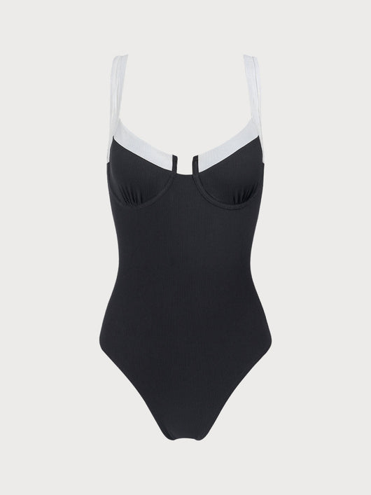 Easelyn Contrast-Trim Knotted Cutout One-Piece Swimsuit in Black, flat front view