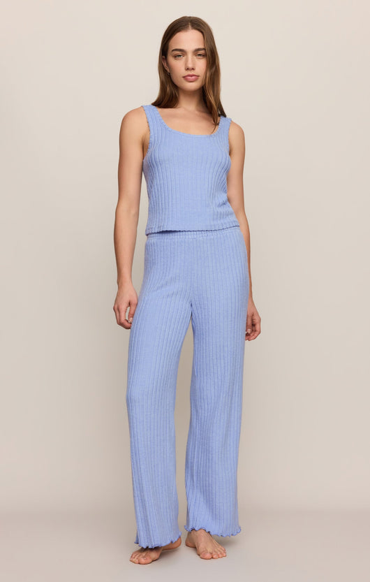 Easelyn Smocked-Waist Rib Flare Lounge Pant in Crystal Blue, full-length front view worn with a rib tank