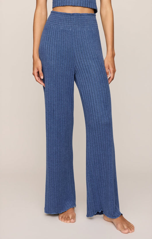 Easelyn Smocked-Waist Rib Flare Lounge Pant in True Navy, front view from the waist down