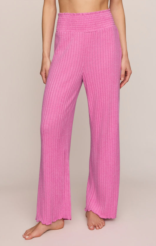 Easelyn Smocked-Waist Rib Flare Lounge Pant in Violet Crush, front view from the waist down