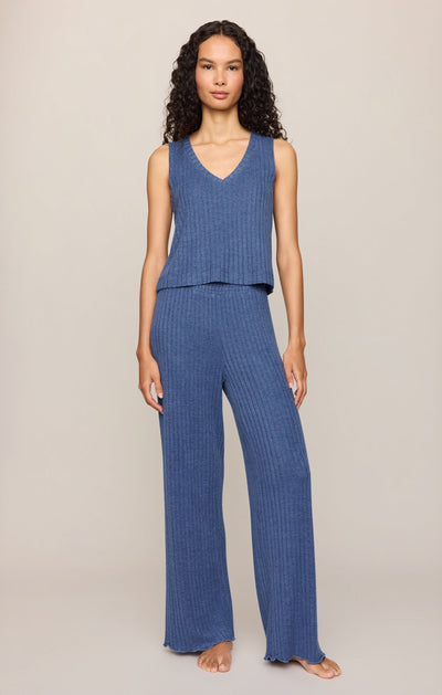 Easelyn Smocked-Waist Rib Flare Lounge Pant in True Navy, full-length front view worn with a V-neck rib tank