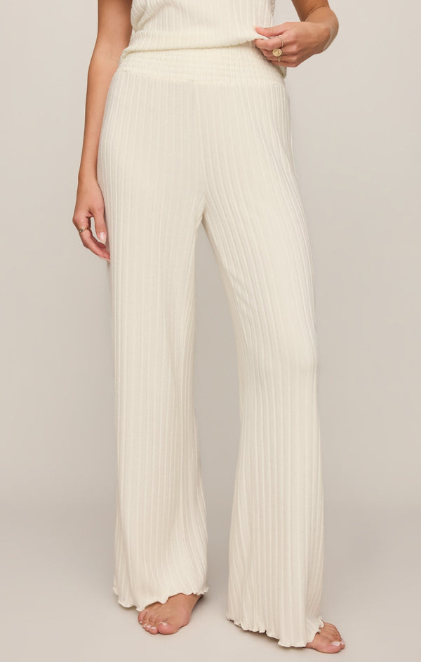 Easelyn Smocked-Waist Rib Flare Lounge Pant in Bone, front view from the waist down