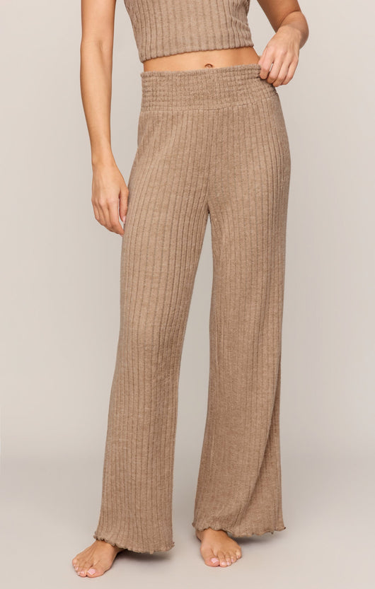 Easelyn Smocked-Waist Rib Flare Lounge Pant in Light Toffee, front view from the waist down