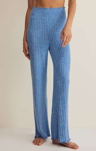 Easelyn Smocked-Waist Rib Flare Lounge Pant in Tropical Tide, front view from the waist down