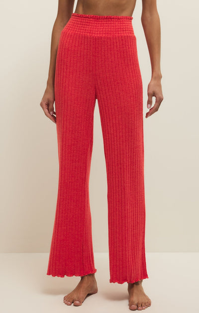Easelyn Smocked-Waist Rib Flare Lounge Pant in Crimson Crush, front view from the waist down