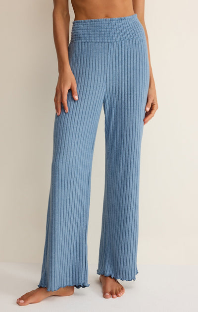 Easelyn Smocked-Waist Rib Flare Lounge Pant in Oceanic Blue, front view from the waist down
