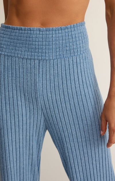 Easelyn Smocked-Waist Rib Flare Lounge Pant in Oceanic Blue, close-up of the smocked waistband and rib texture