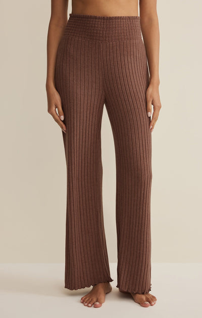 Easelyn Smocked-Waist Rib Flare Lounge Pant in Macchiato, front view from the waist down