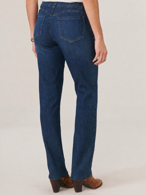Easelyn Booty-Lift Straight-Leg Jeans in Indigo Denim, back view from the waist down showing the sweetheart back yoke, angled darts and back pockets