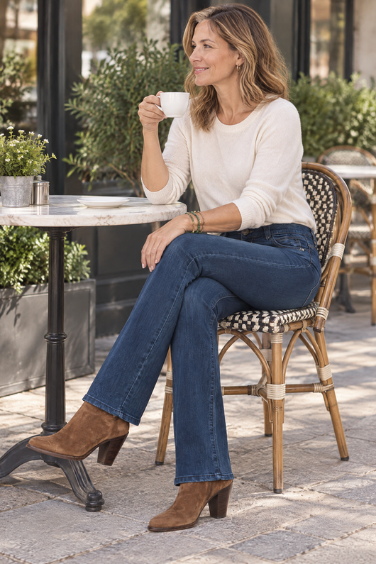 Easelyn Booty-Lift Straight-Leg Jeans in Indigo Denim, a woman in her 40s seated on a chair at an outdoor cafe table