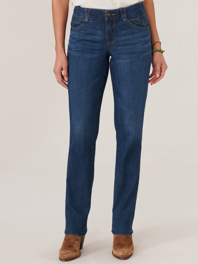 Easelyn Booty-Lift Straight-Leg Jeans in Indigo Denim, front view from the waist down showing the mid-rise, button-and-zip fly and straight leg