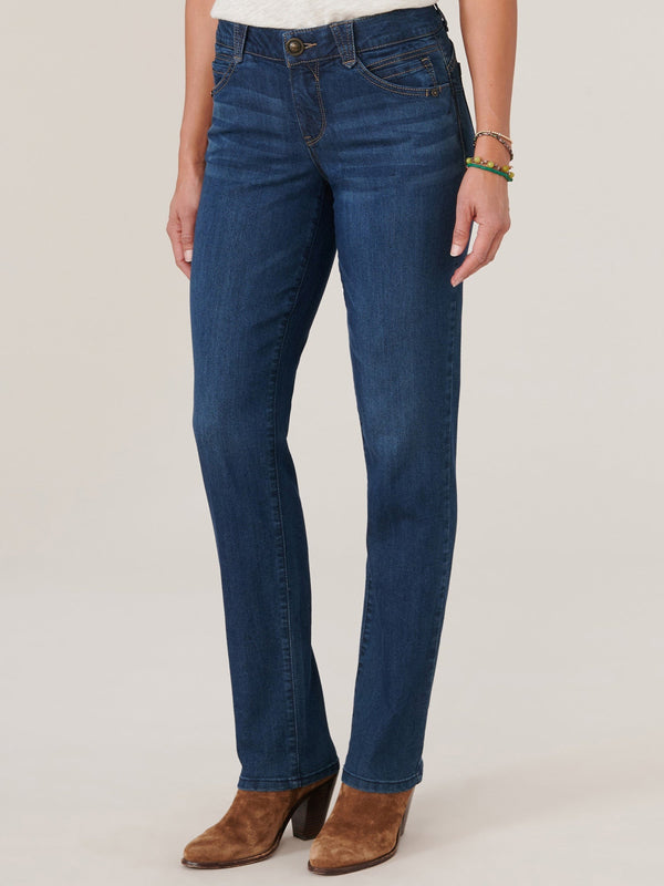 Easelyn Booty-Lift Straight-Leg Jeans in Indigo Denim, three-quarter front view showing the front pockets and straight leg