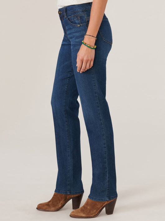 Easelyn Booty-Lift Straight-Leg Jeans in Indigo Denim, side view showing the straight leg from hip to hem