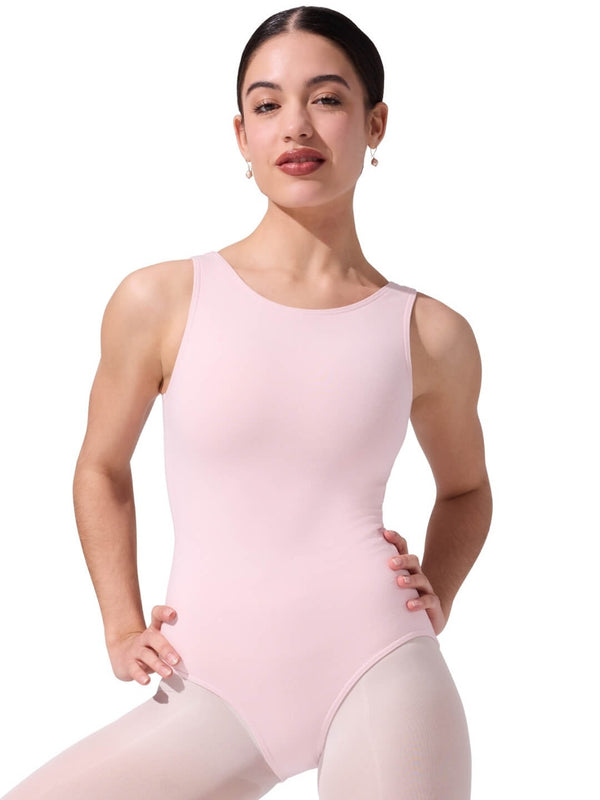 Easelyn High-Neck Tank Leotard Bodysuit in Pink, front view with hands on hips
