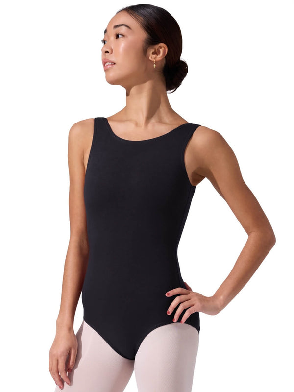 Easelyn High-Neck Tank Leotard Bodysuit in Black, front view showing the high scoop neckline and wide tank straps