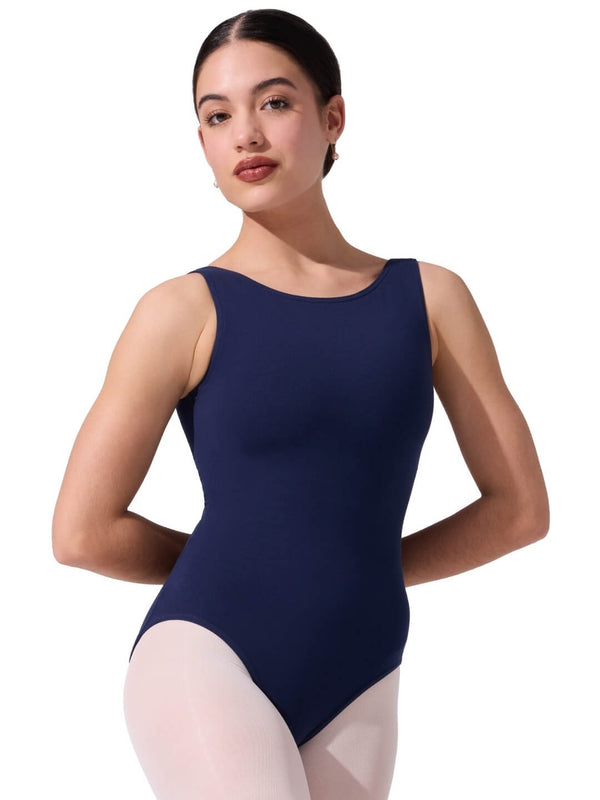 Easelyn High-Neck Tank Leotard Bodysuit in Navy, front view with arms behind the back