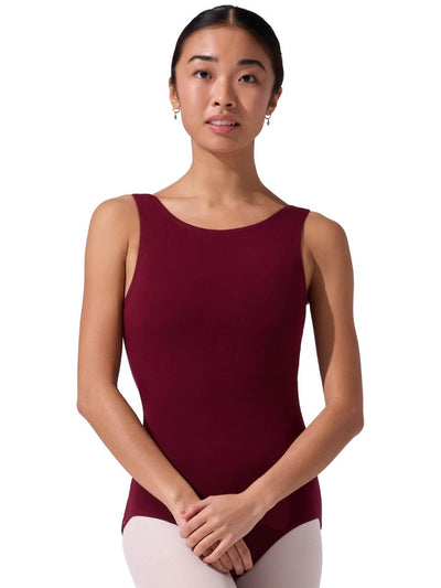 Easelyn High-Neck Tank Leotard Bodysuit in Burgundy, front view showing the high scoop neckline