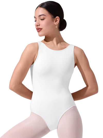 Easelyn High-Neck Tank Leotard Bodysuit in White, three-quarter front view with arms behind the back
