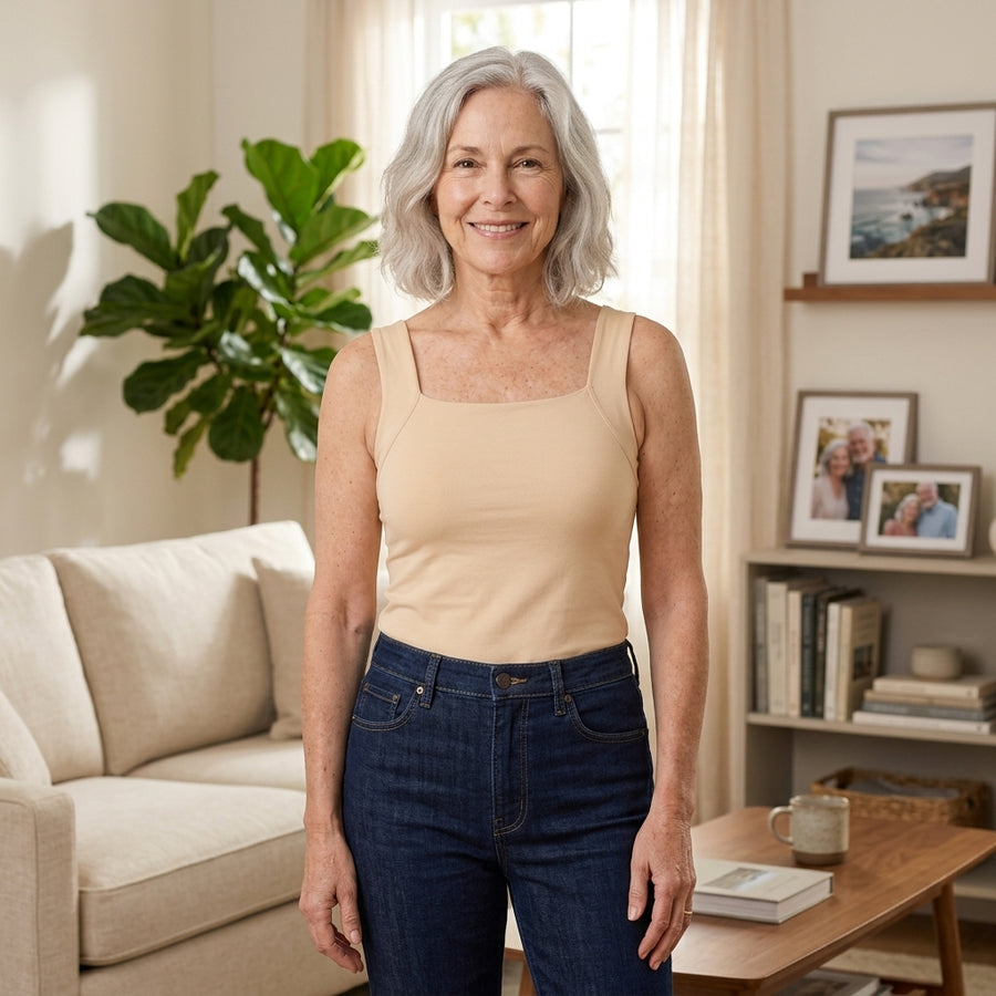 Woman in her 60s wearing the nude EaseHold built-in bra comfort tank with jeans