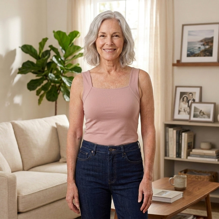 Woman in her 60s wearing the blush pink EaseHold built-in bra comfort tank with jeans