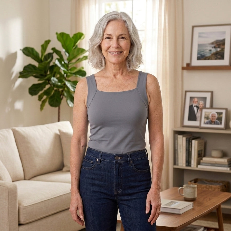 Woman in her 60s wearing the grey EaseHold built-in bra comfort tank with jeans
