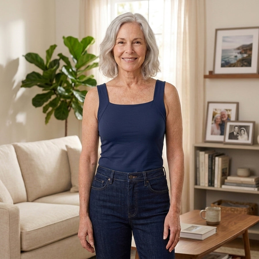 Woman in her 60s wearing the navy blue EaseHold built-in bra comfort tank with jeans