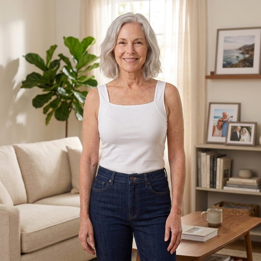 Woman in her 60s wearing the white EaseHold built-in bra comfort tank with jeans