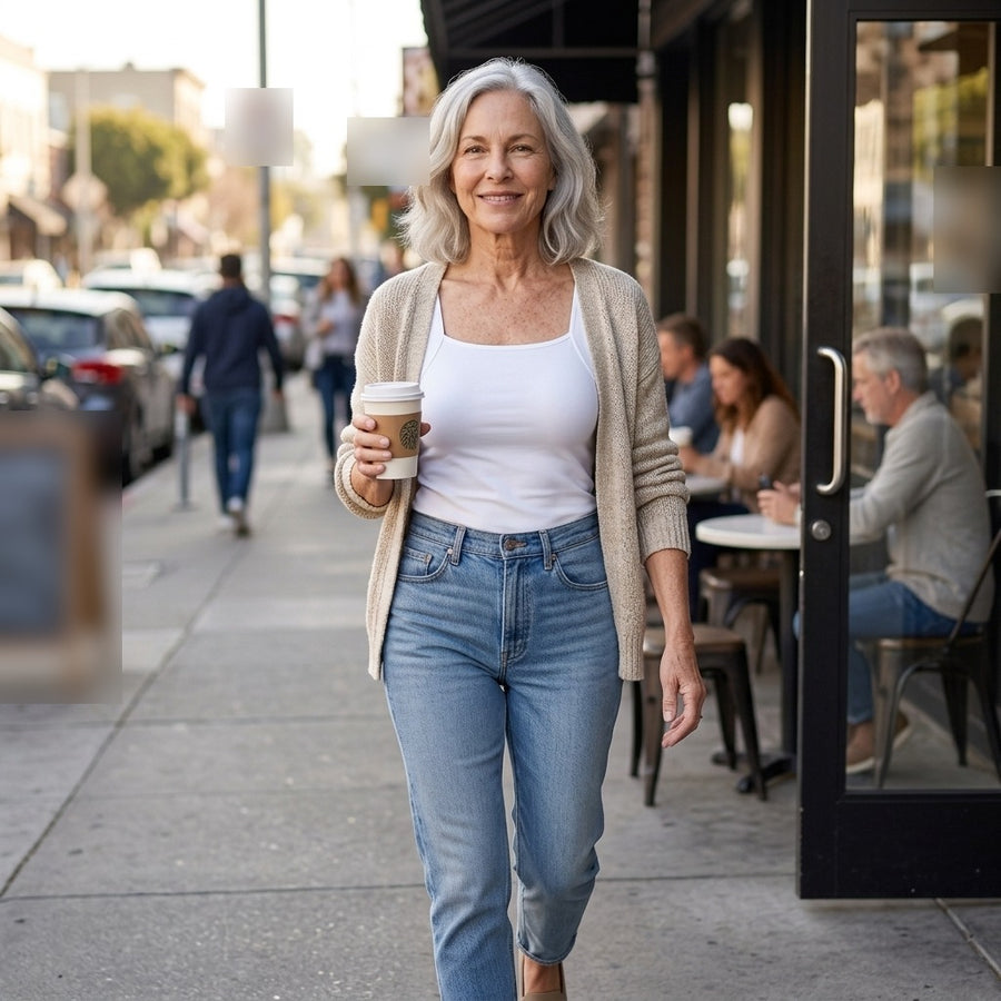 White EaseHold tank worn under an open cardigan with jeans, no lines showing