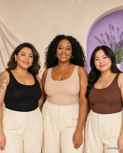 3 plus-size women in Easelyn SoftCup strapless push-up bra colors