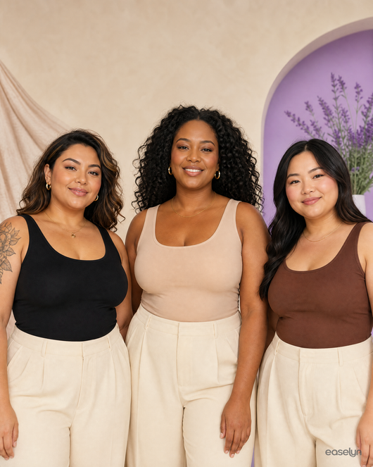 3 plus-size women in Easelyn SoftCup strapless push-up bra colors