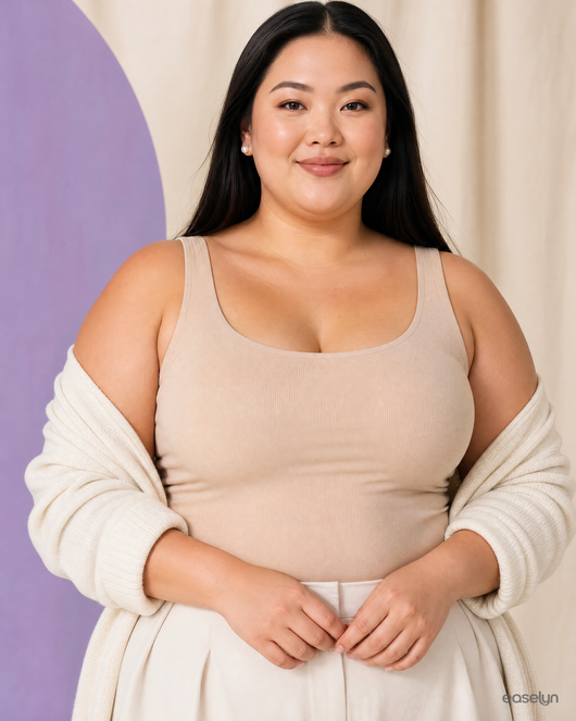 Plus-size woman in beige nude Easelyn SoftCup strapless bra