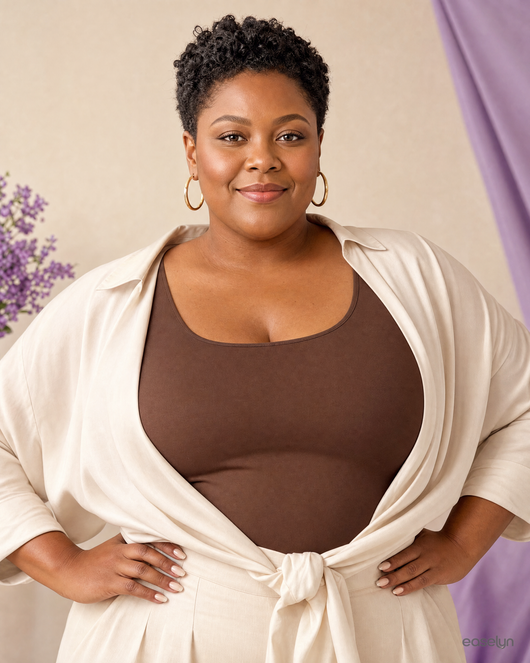 Plus-size woman in cocoa brown Easelyn SoftCup strapless bra