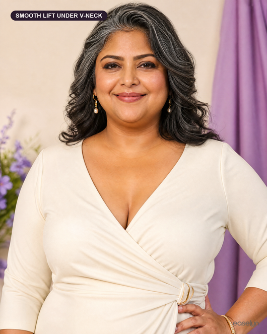 Smooth lift under deep V-neck wrap dress