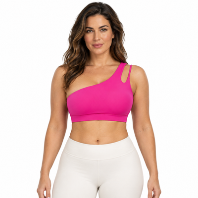 Easelyn Asymmetric One-Shoulder Sports Bra in Pink