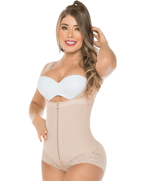 Fajas Open Bust Panty Post Op Faja Shapewear for Women with Wide Straps and Front Zipper Powernet - Beige