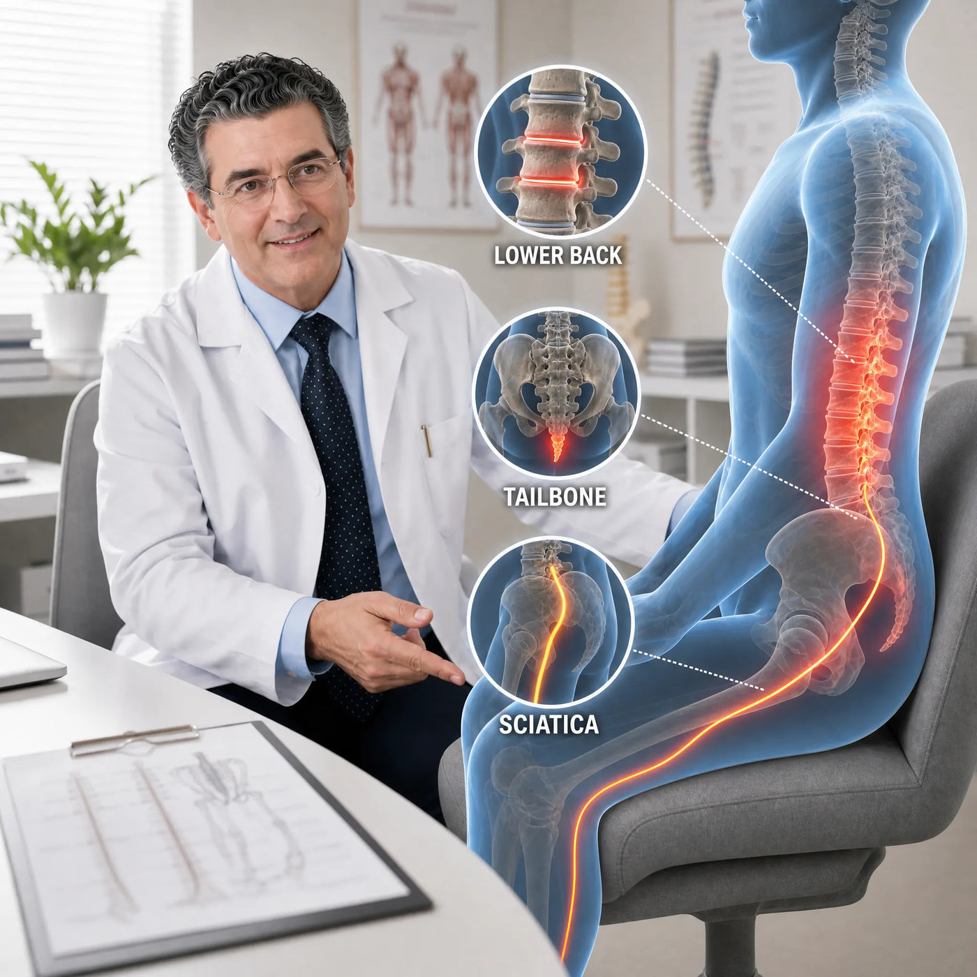 Doctor reviewing a purple CellGel honeycomb seat cushion for tailbone pressure, sciatic discomfort, and lower-back sitting comfort.