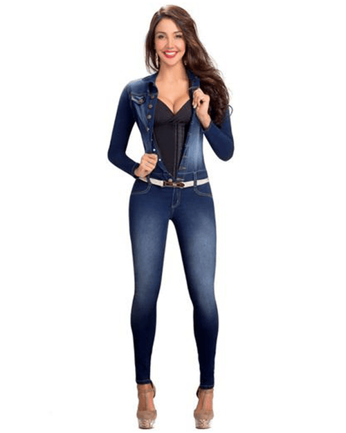 Colombian Denim Jumpsuit with Internal Fajas Girdle Control