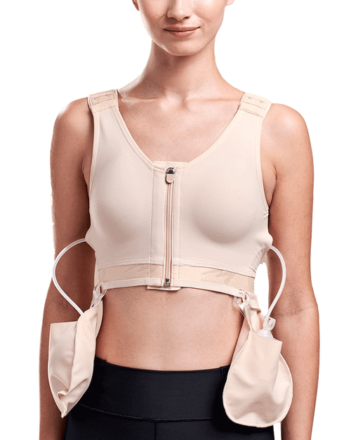 Drain Bulb Management Bra with Side-Entry Pouches for Breast Reduction Recovery