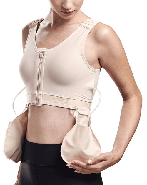 Drain Bulb Management Bra with Side-Entry Pouches for Breast Reduction Recovery