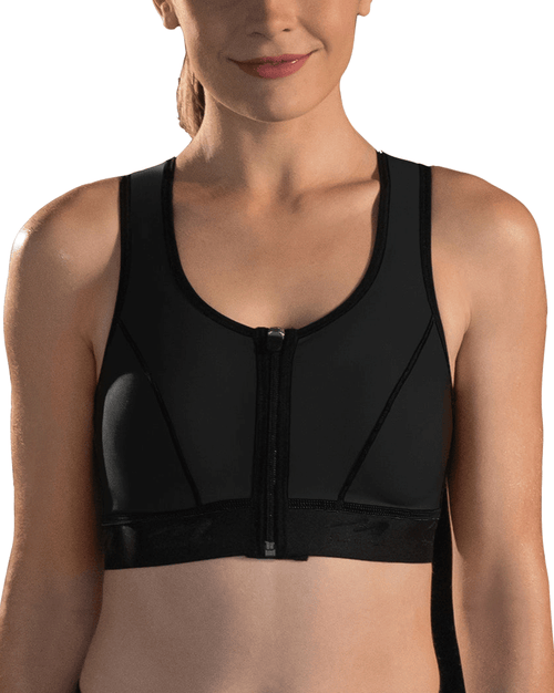 Sports Bra With Zipper Front Closure Post-Surgery Compression Bra Black