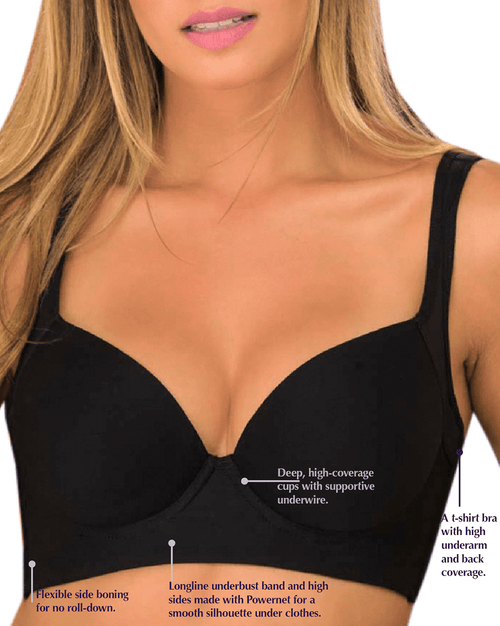Back Smoothing Bra with Full Coverage Cups Underwire T-Shirt Bra with 4-Level Hook Closure