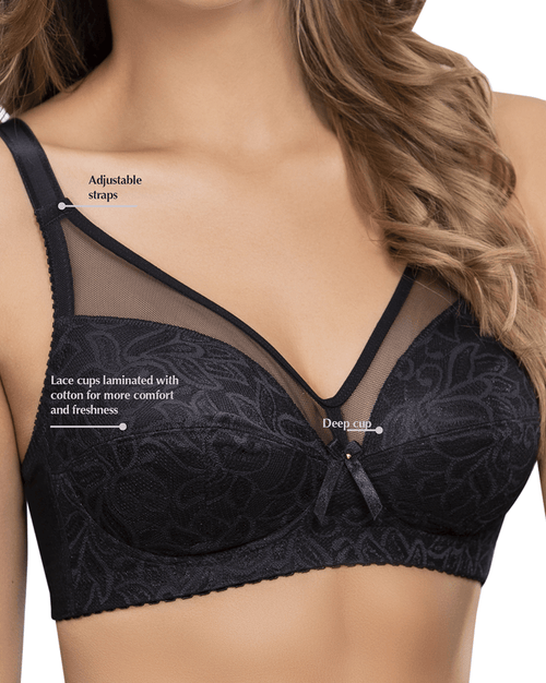 Wireless Comfy Control Bra in Lace Wide Back Bra with Double Layered Cups