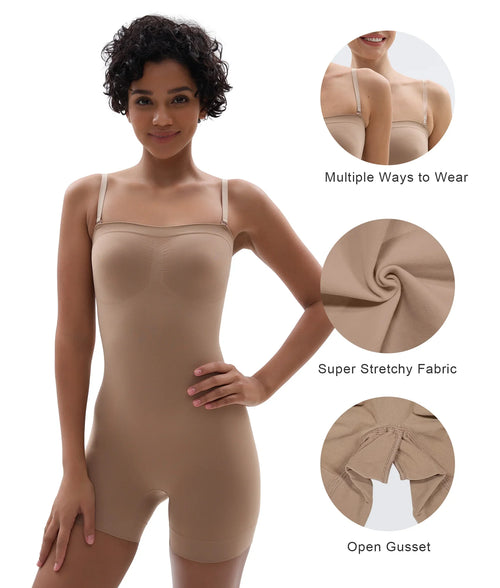Strapless Mid-Thigh Shapewear Bodysuit with Thigh Smoothing and Convertible Straps