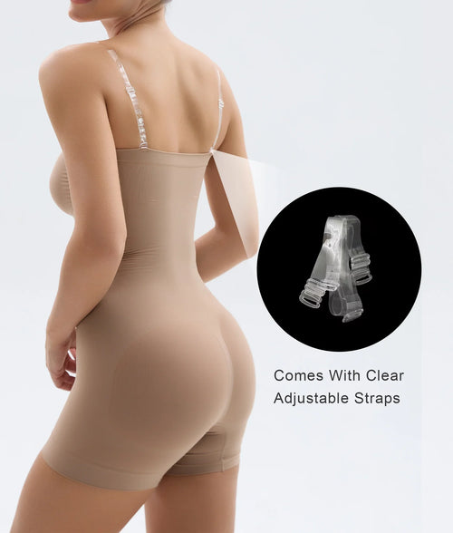 Strapless Mid-Thigh Shapewear Bodysuit with Thigh Smoothing and Convertible Straps